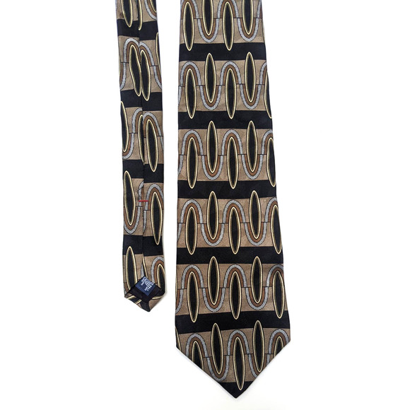 Vintage 80's 90s Louis Feraud Brown Black Abstract Geometric Print Silk Neck Tie - Picture 4 of 7